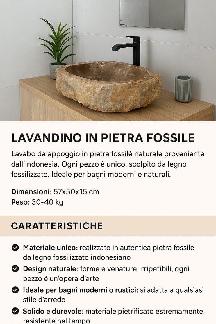 Lavandino in Pietra Fossile Naturale | Legno Fossilizzato 57x50x15 cm | Design Unico dal Fascino Naturale – Amicasaidee - 10