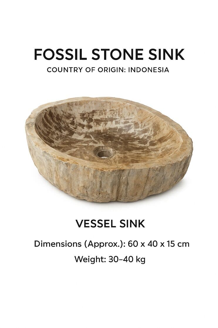 Lavabo in Legno Fossilizzato Indonesiano – Lavandino in Pietra Fossile Naturale 60x40x15 cm - 9