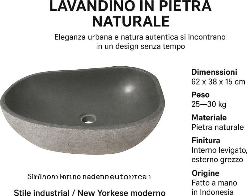 Lavabo in pietra naturale 62x38x15 cm – Design artigianale sasso di fiume - 2