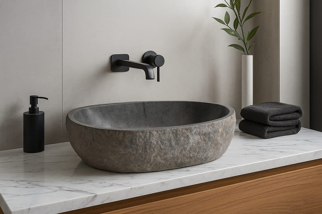 Lavabo in pietra naturale artigianale 59x39x15 cm – Design moderno - 2