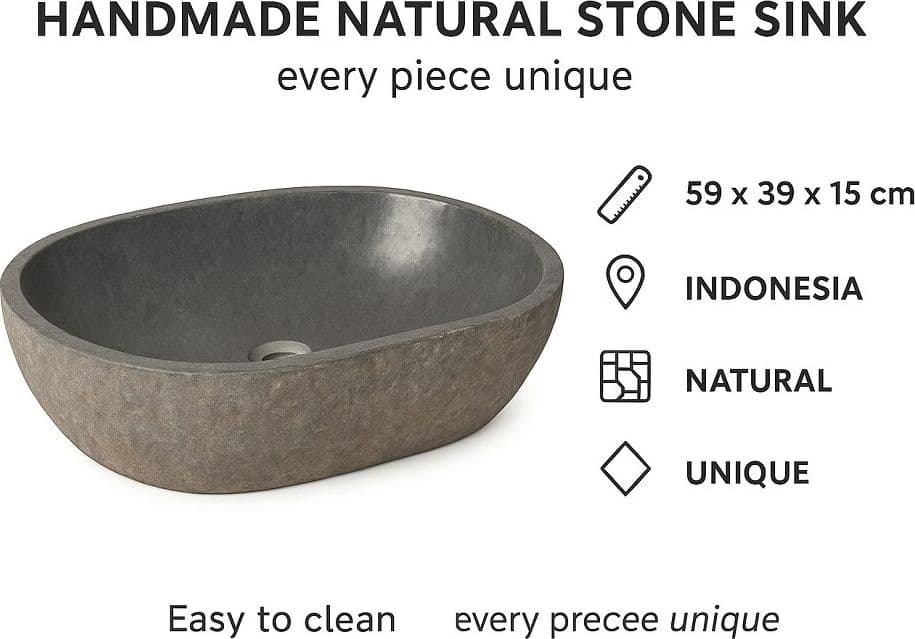 Lavabo in pietra naturale artigianale 59x39x15 cm – Design moderno - 6
