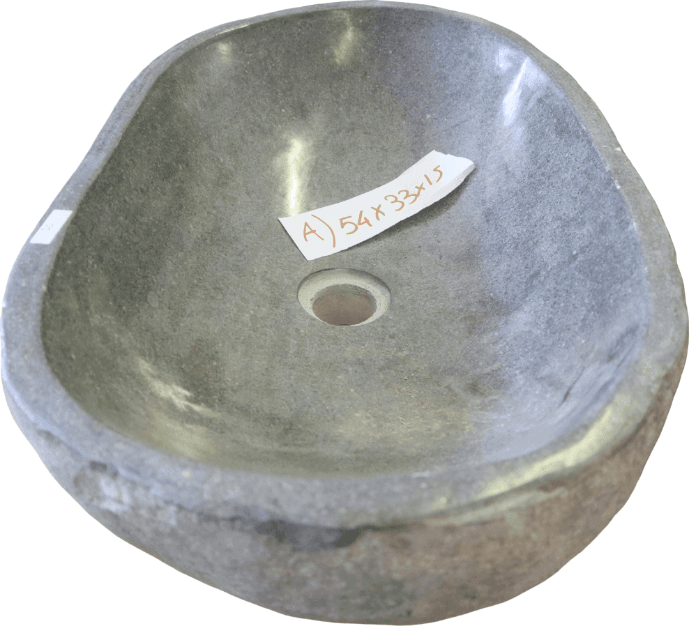 Lavabo in Pietra di Fiume Naturale Nero  grigio 54x33x15 cm – Lavandino da Appoggio Artigianale Indonesiano - 7
