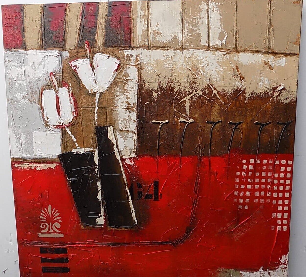 Quadro floreale tupipani bianchi su base rossa astratto ad olio cm 100x100 dipinto 2 - 2