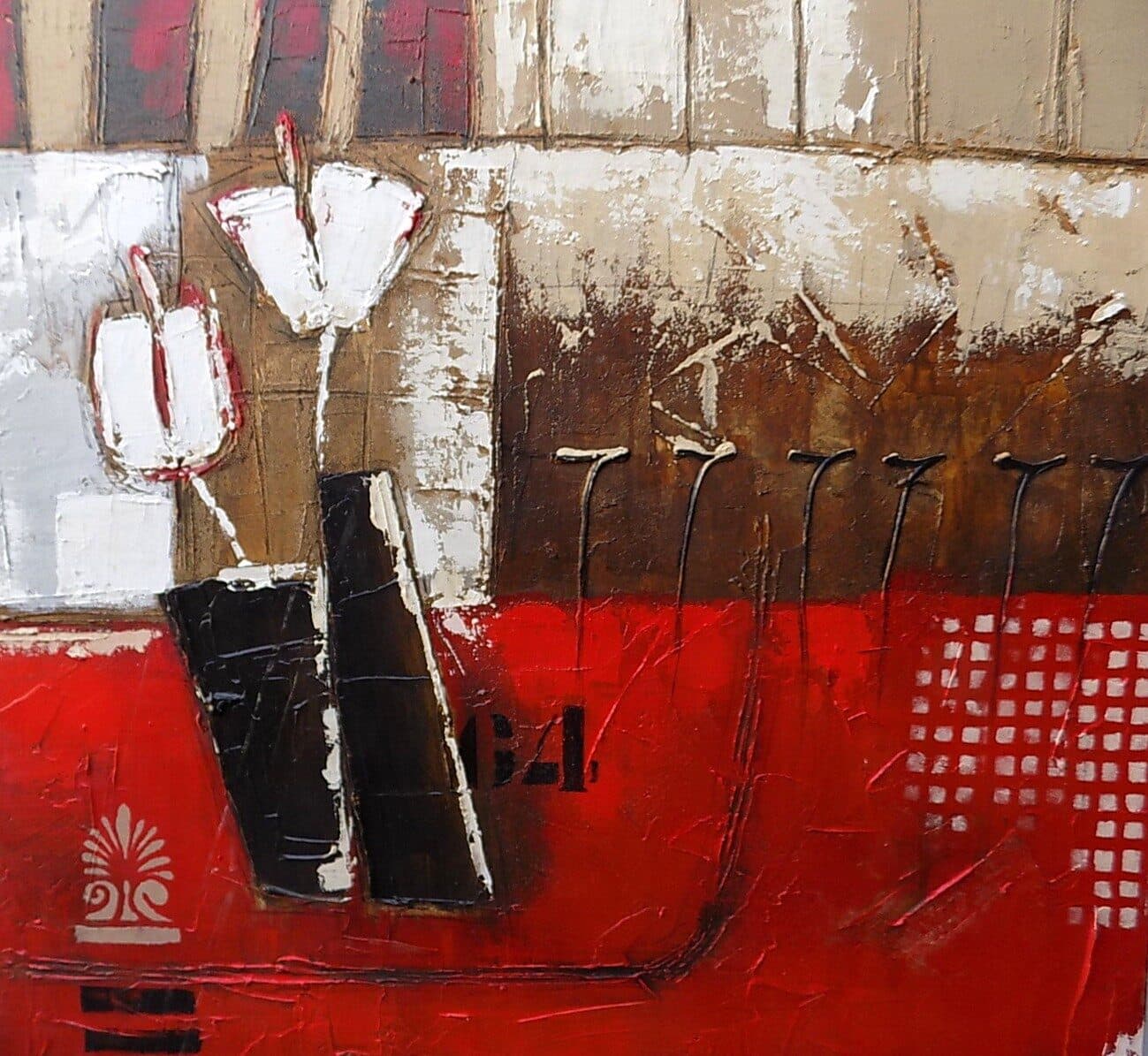 Quadro floreale tupipani bianchi su base rossa astratto ad olio cm 100x100 dipinto 2 - 3