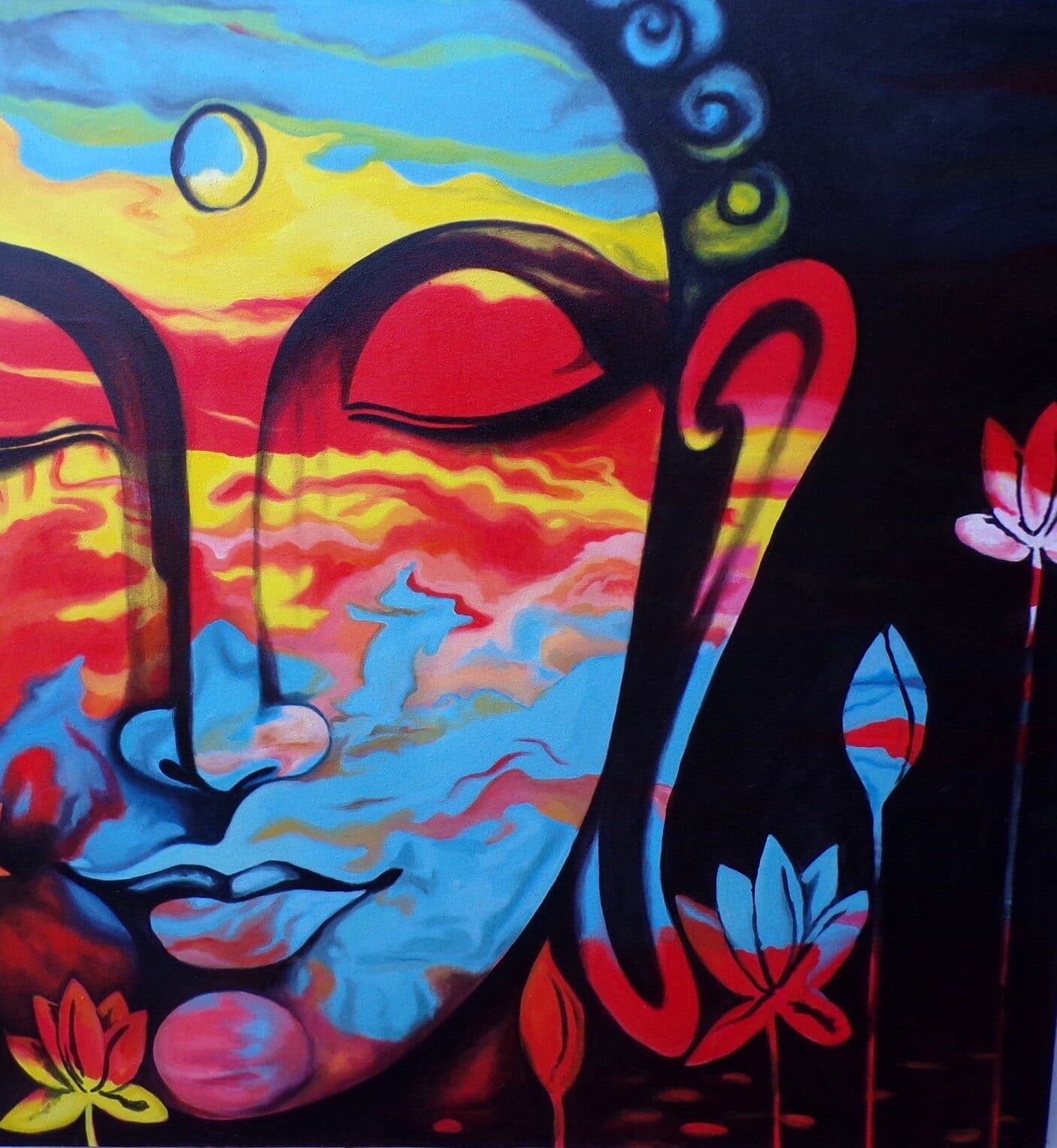 Quadro dipinto volto di Buddha arcobaleno cm 100x100 testata letto viso Budda bianco nero - 2
