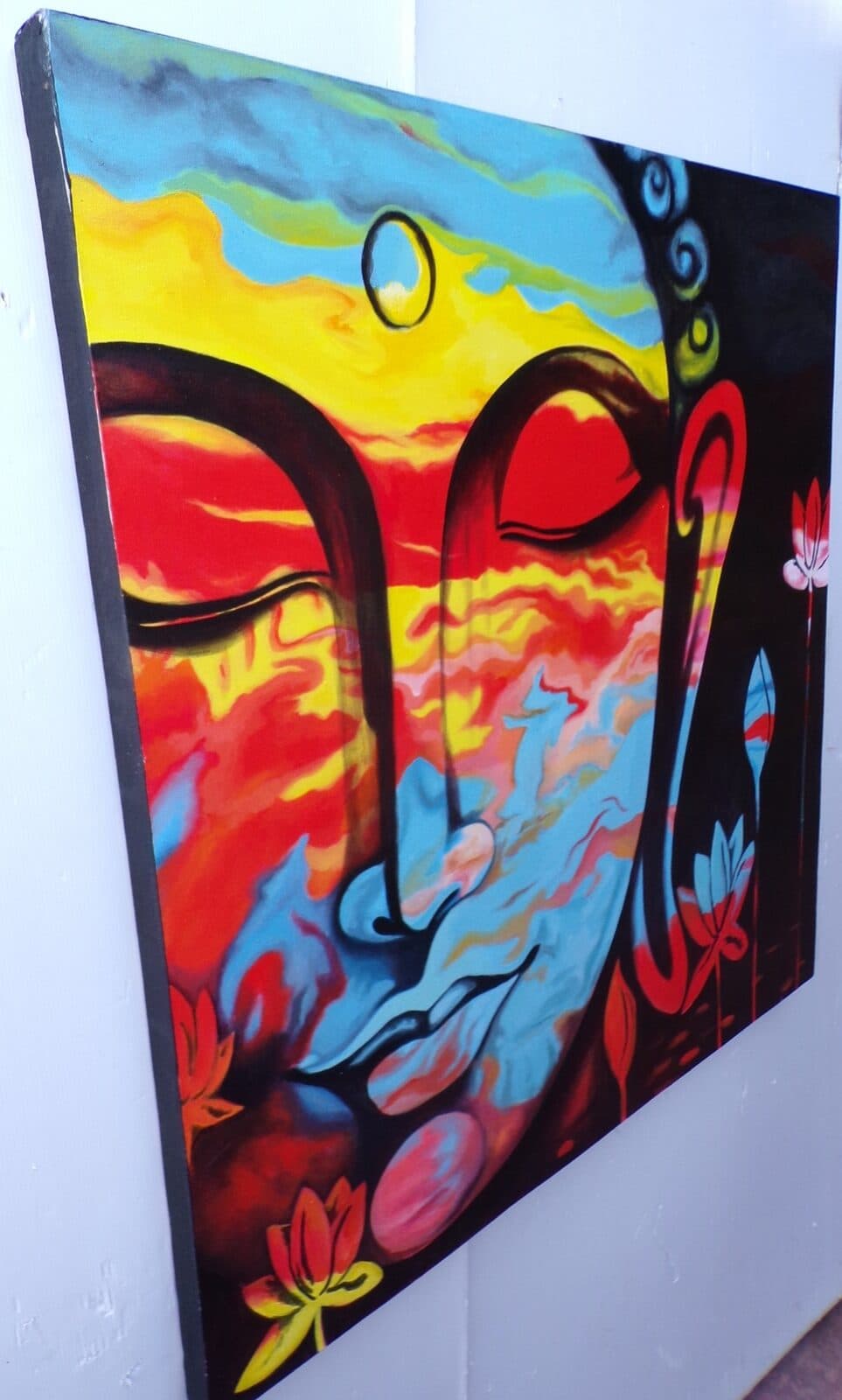 Quadro dipinto volto di Buddha arcobaleno cm 100x100 testata letto viso Budda bianco nero - 5