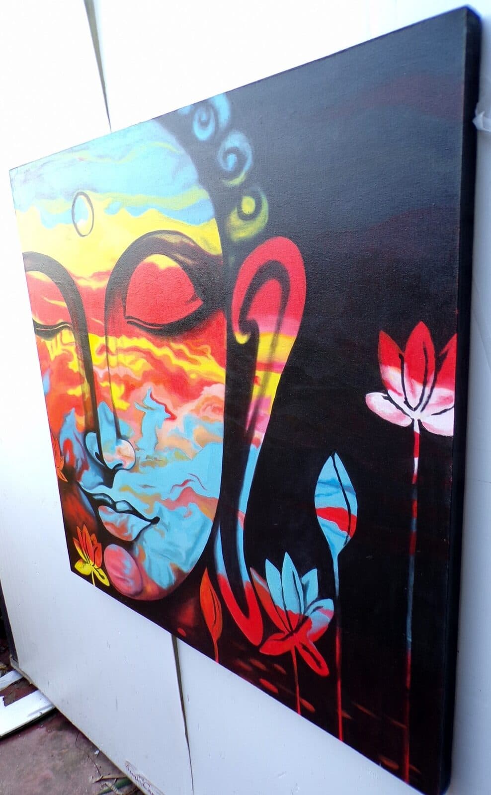 Quadro dipinto volto di Buddha arcobaleno cm 100x100 testata letto viso Budda bianco nero - 6