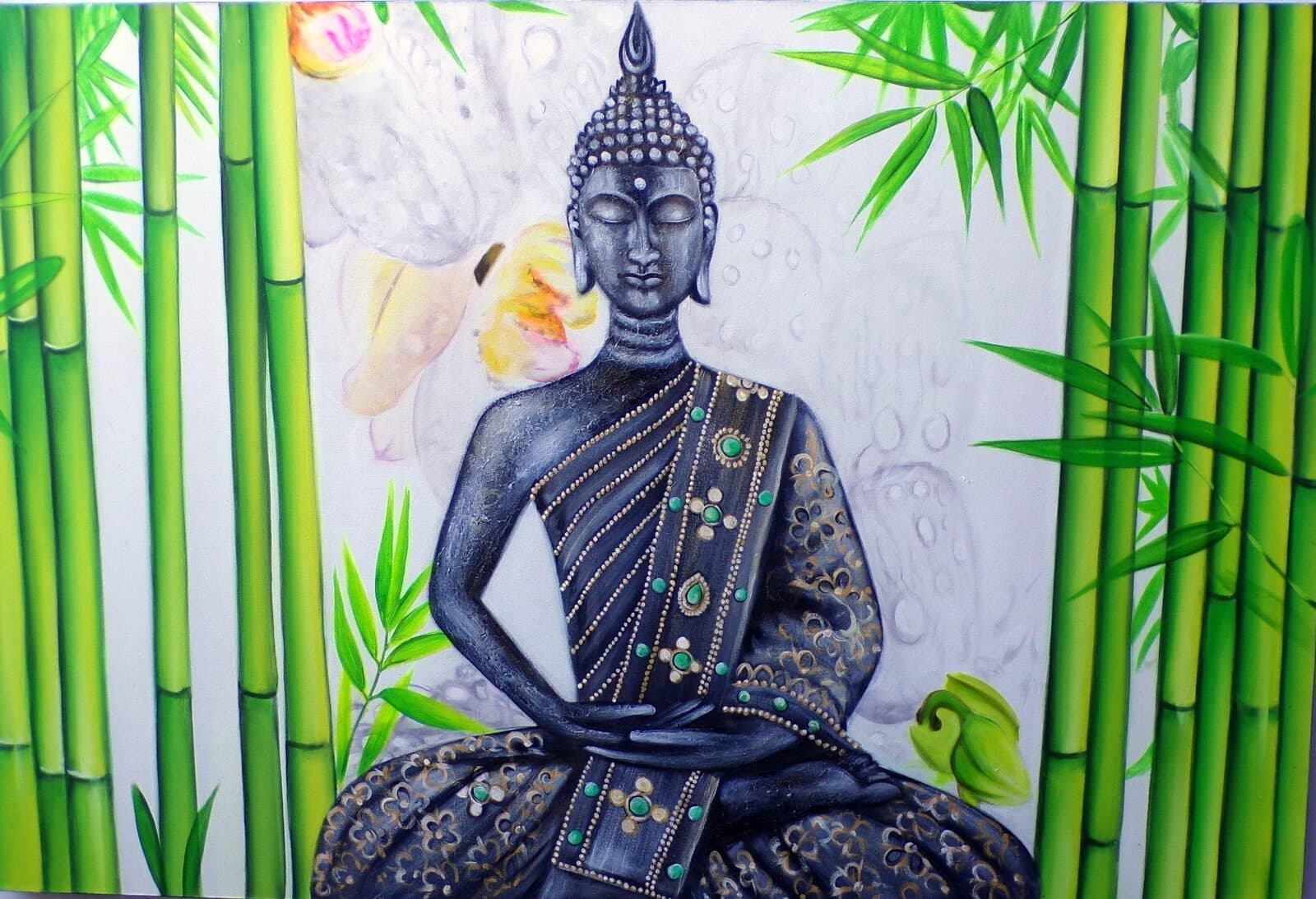 Quadro dipinto volto di Buddha Thai in foresta di bambù cm 150x100 testata letto viso Budda - 2