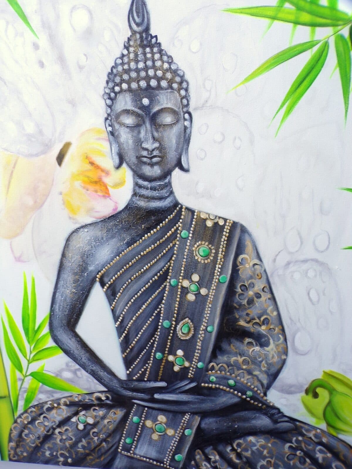Quadro dipinto volto di Buddha Thai in foresta di bambù cm 150x100 testata letto viso Budda - 5