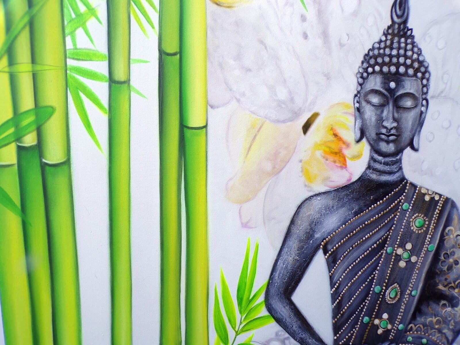 Quadro dipinto volto di Buddha Thai in foresta di bambù cm 150x100 testata letto viso Budda - 6