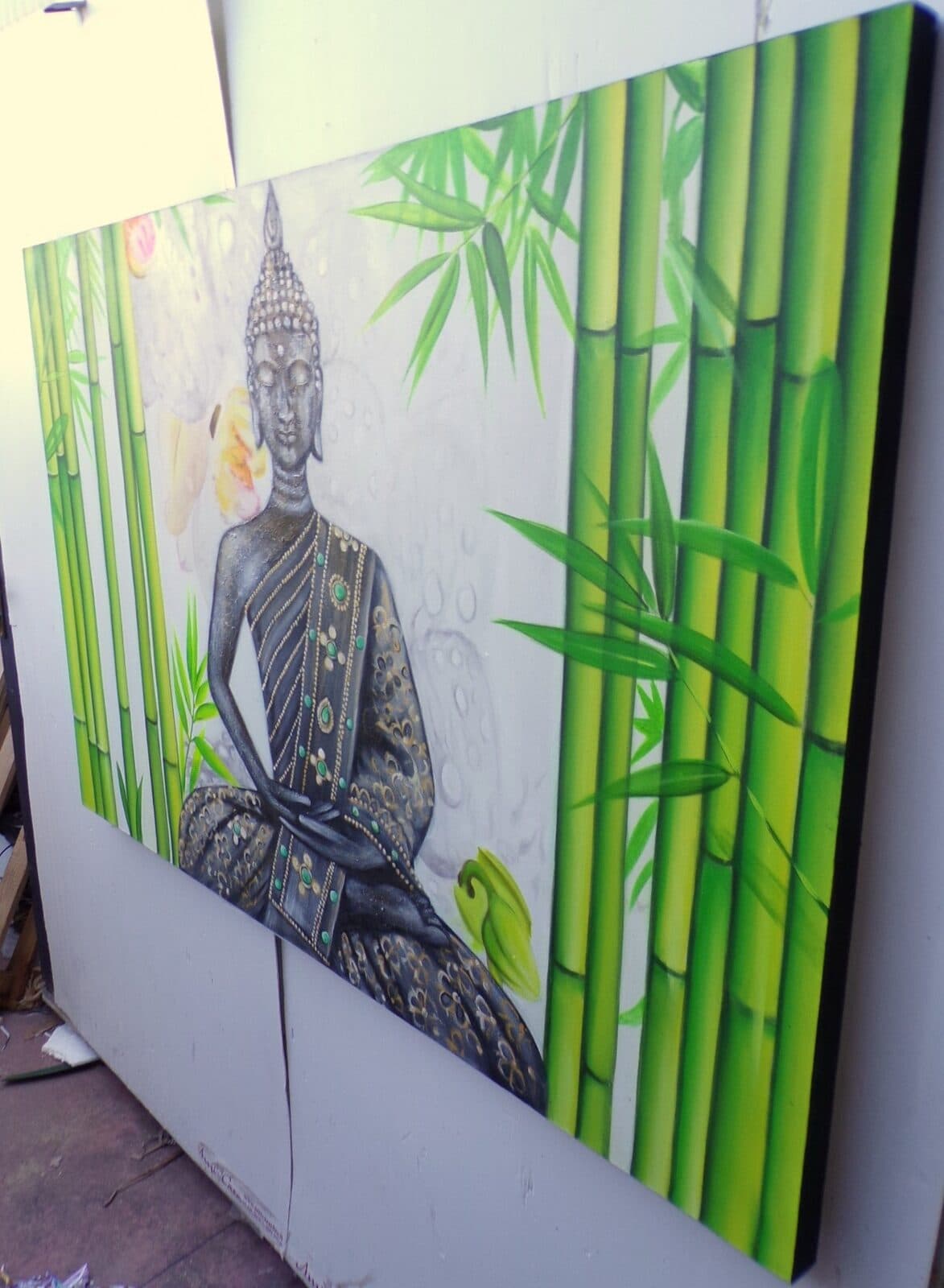 Quadro dipinto volto di Buddha Thai in foresta di bambù cm 150x100 testata letto viso Budda - 7