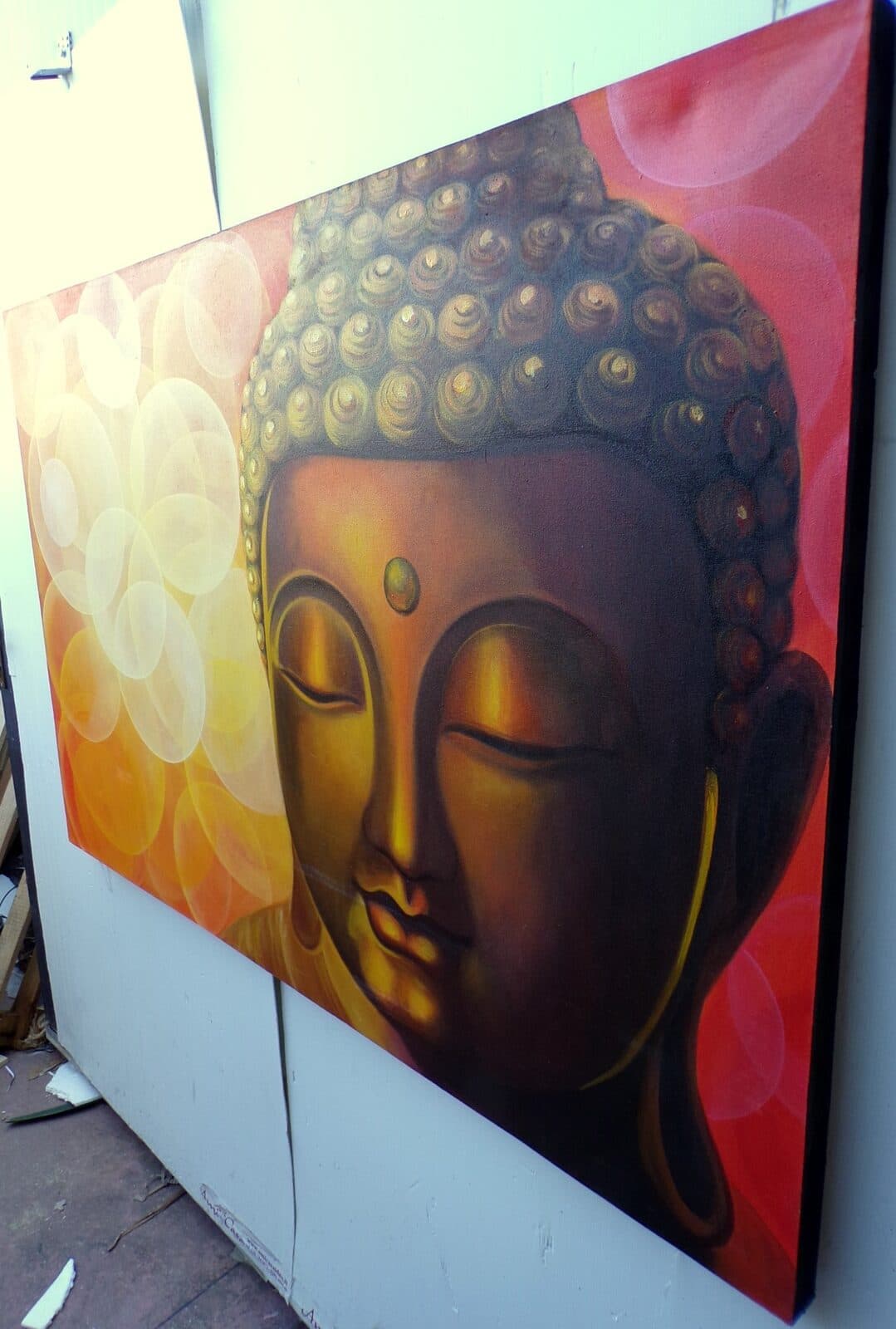 Quadro dipinto volto di Buddha arancio sole cm 150x100 testata letto viso Budda bianco nero - 5