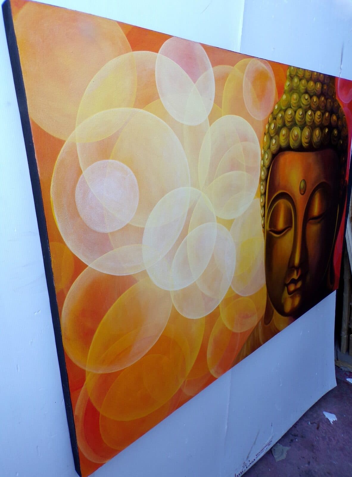 Quadro dipinto volto di Buddha arancio sole cm 150x100 testata letto viso Budda bianco nero - 6