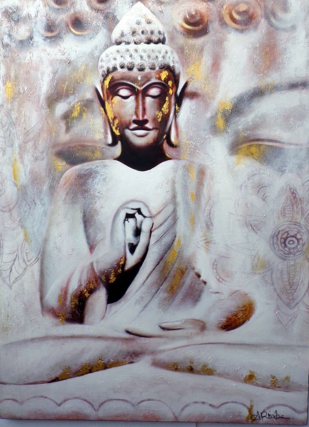Quadro dipinto Buddha cm 120x90 testata letto viso Budda bianco oro - 2