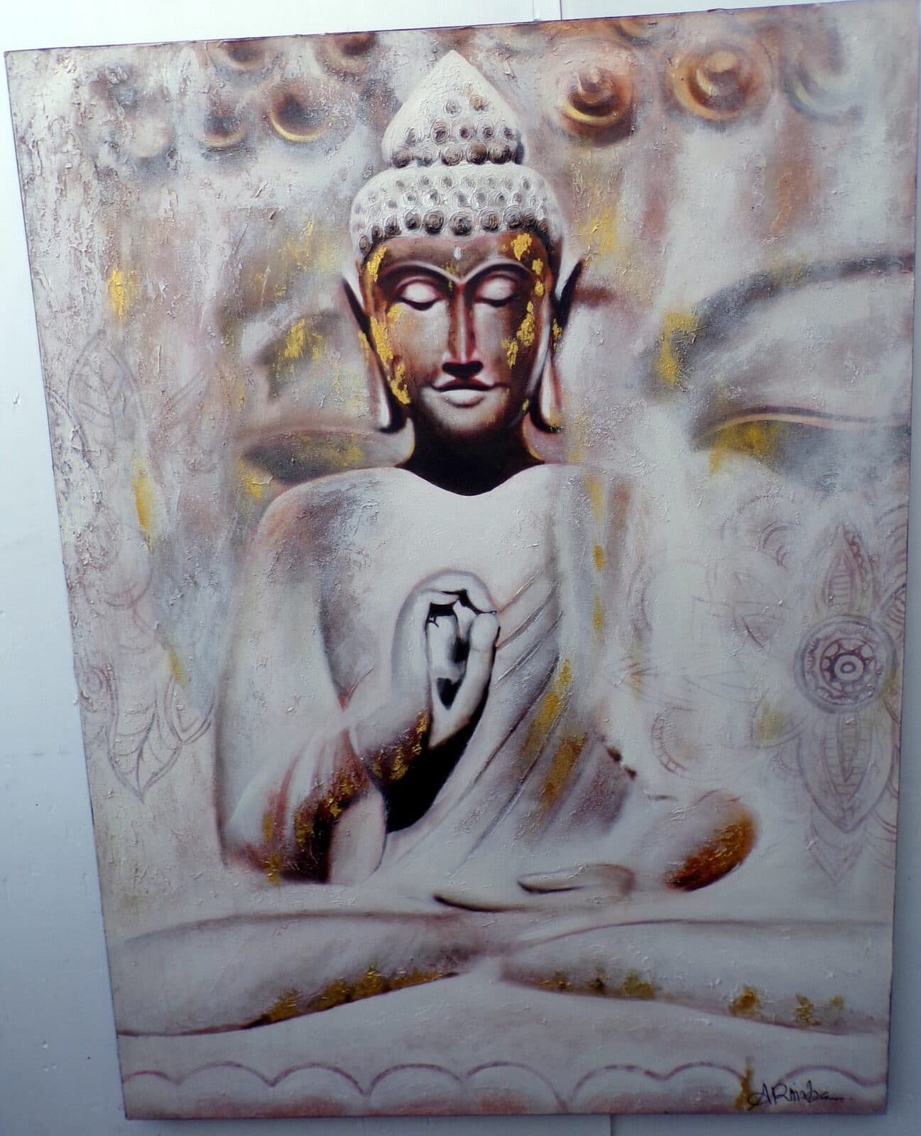 Quadro dipinto Buddha cm 120x90 testata letto viso Budda bianco oro - 3