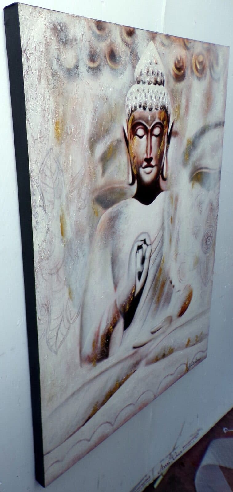 Quadro dipinto Buddha cm 120x90 testata letto viso Budda bianco oro - 6
