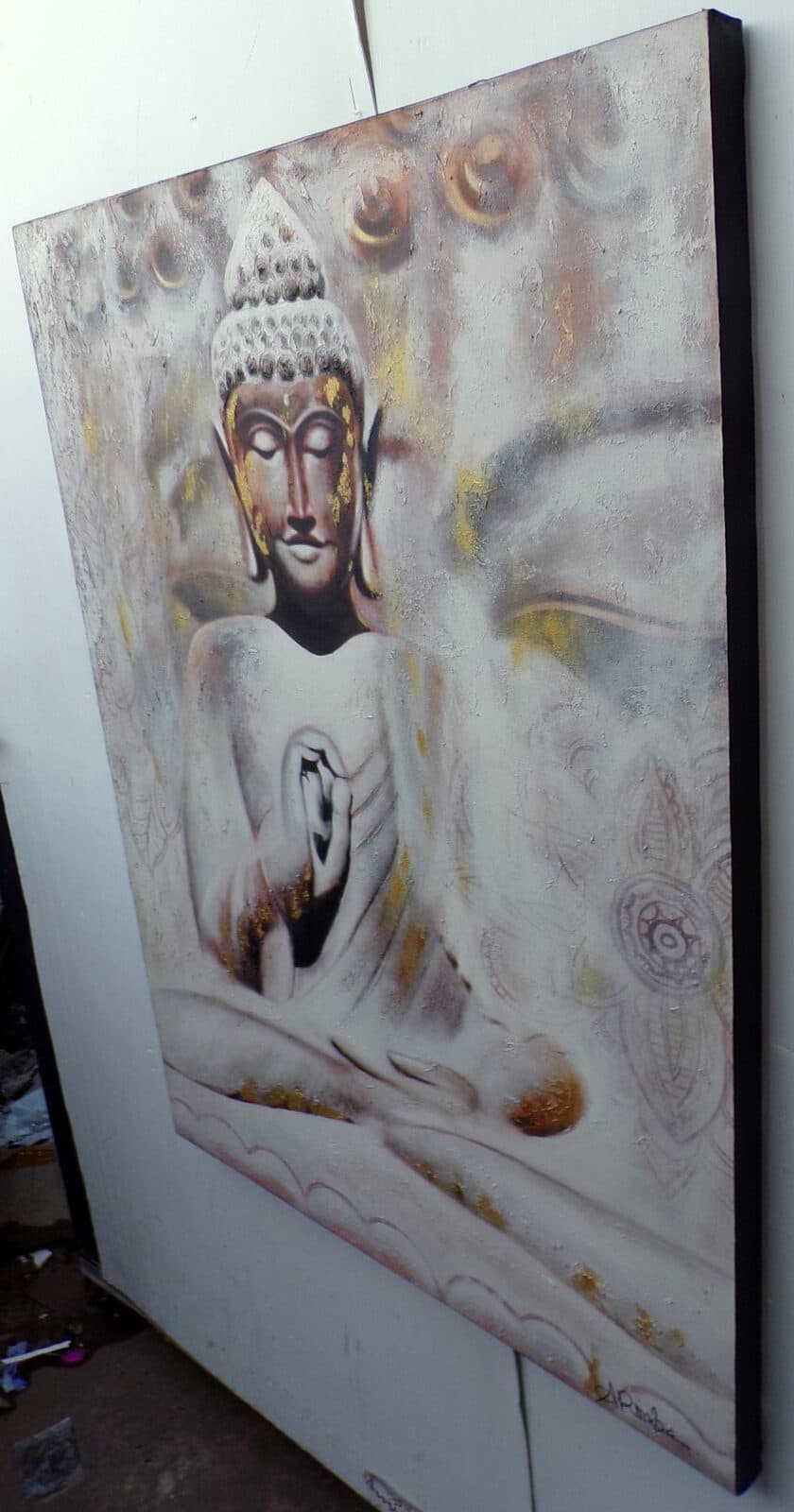 Quadro dipinto Buddha cm 120x90 testata letto viso Budda bianco oro - 7