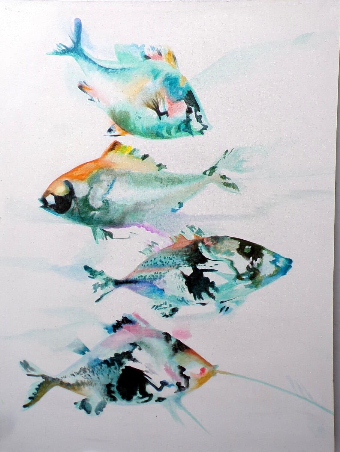 Quadro astratto astratto pesci in movimento cm 120x90 bianco turchese dipinto a mano tela cotone telaio legno - 2