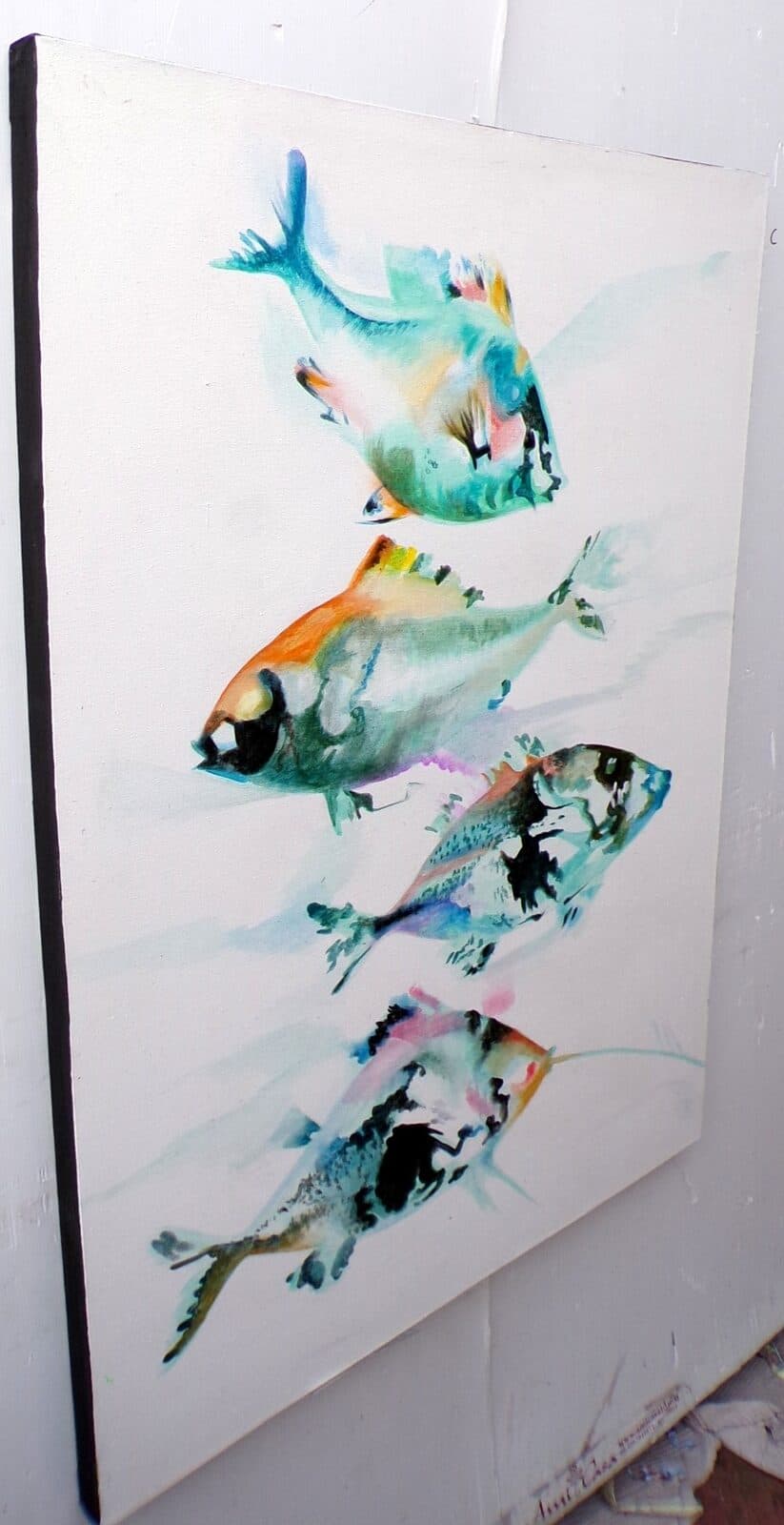 Quadro astratto astratto pesci in movimento cm 120x90 bianco turchese dipinto a mano tela cotone telaio legno - 5