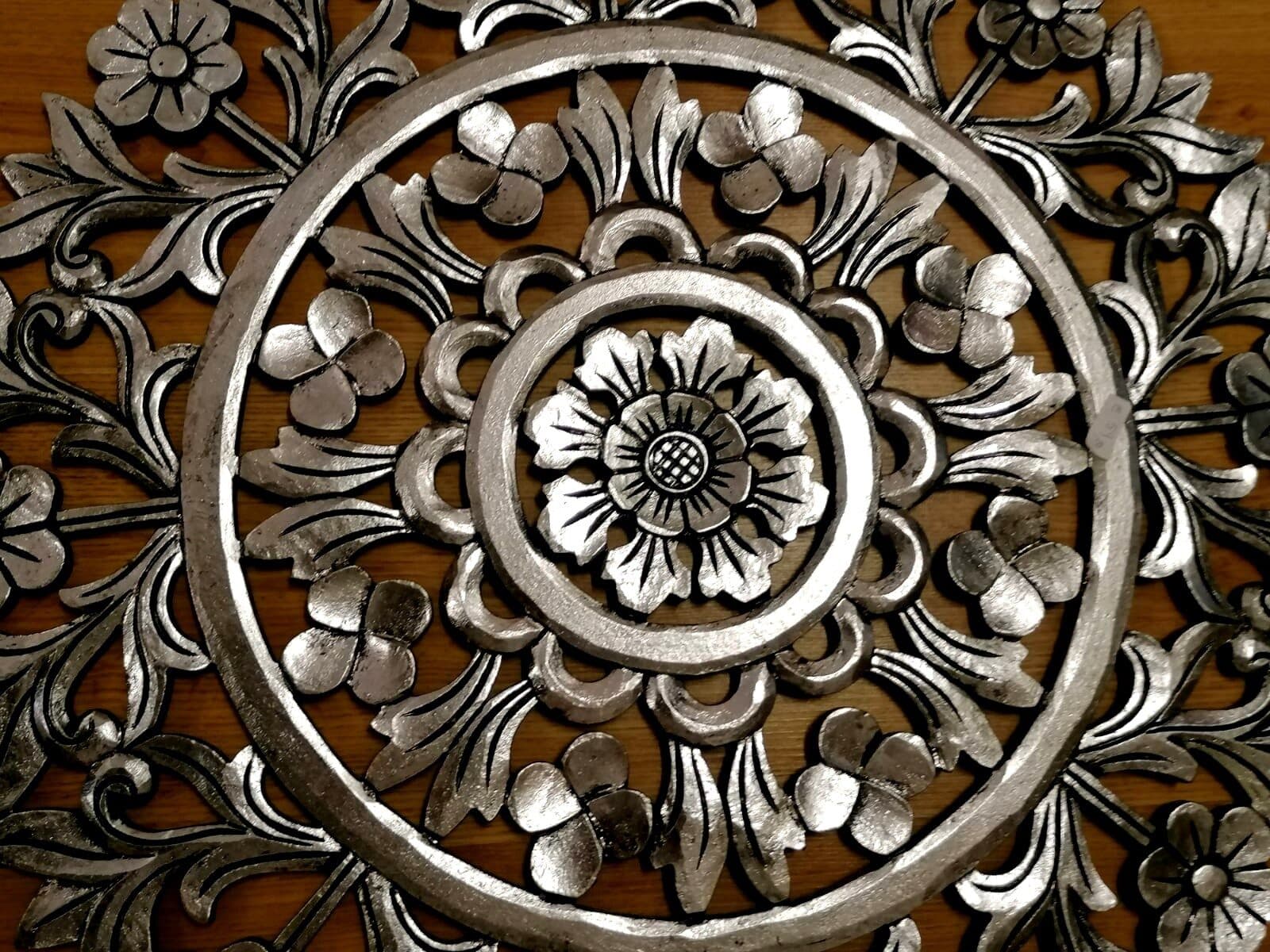 Pannello floreale in legno mdf traforato a mano cm 60x60 argento anticato quadro dipinto silver - 3
