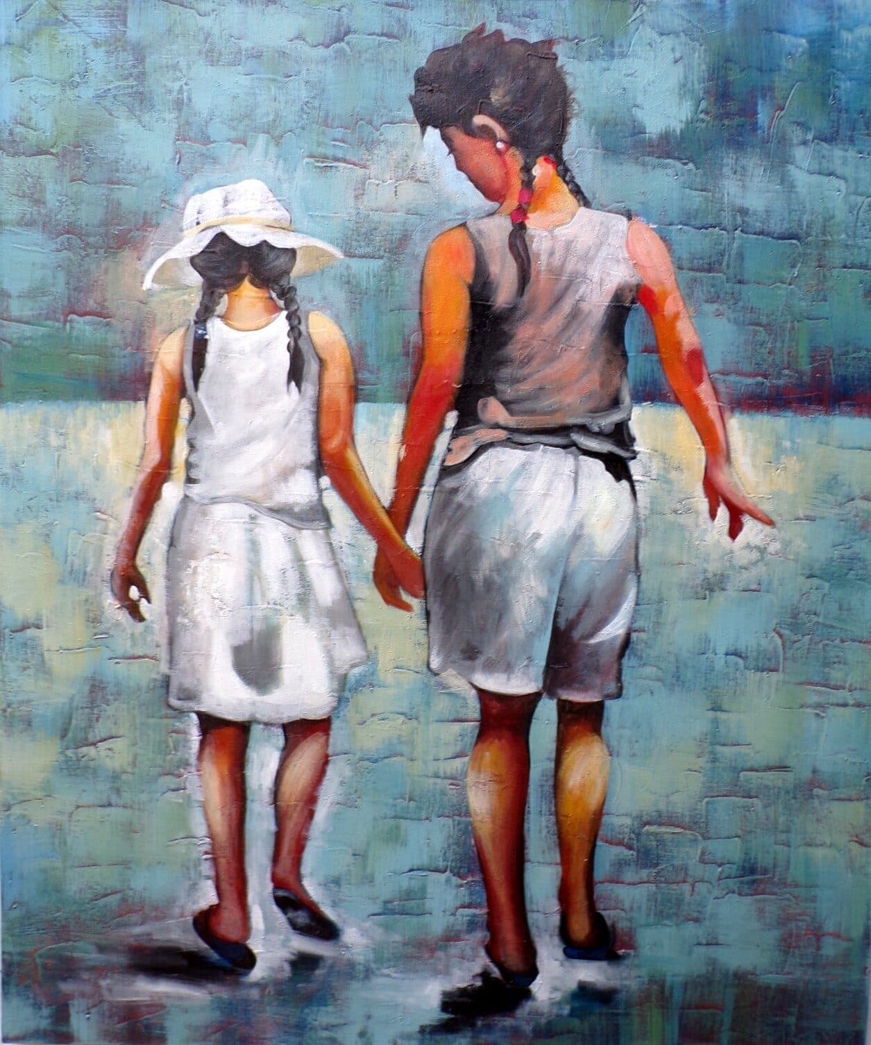 Quadro dipinto pop art bambini al mare cm120x100 spiaggia moderno industrial tela pannello donna - 2
