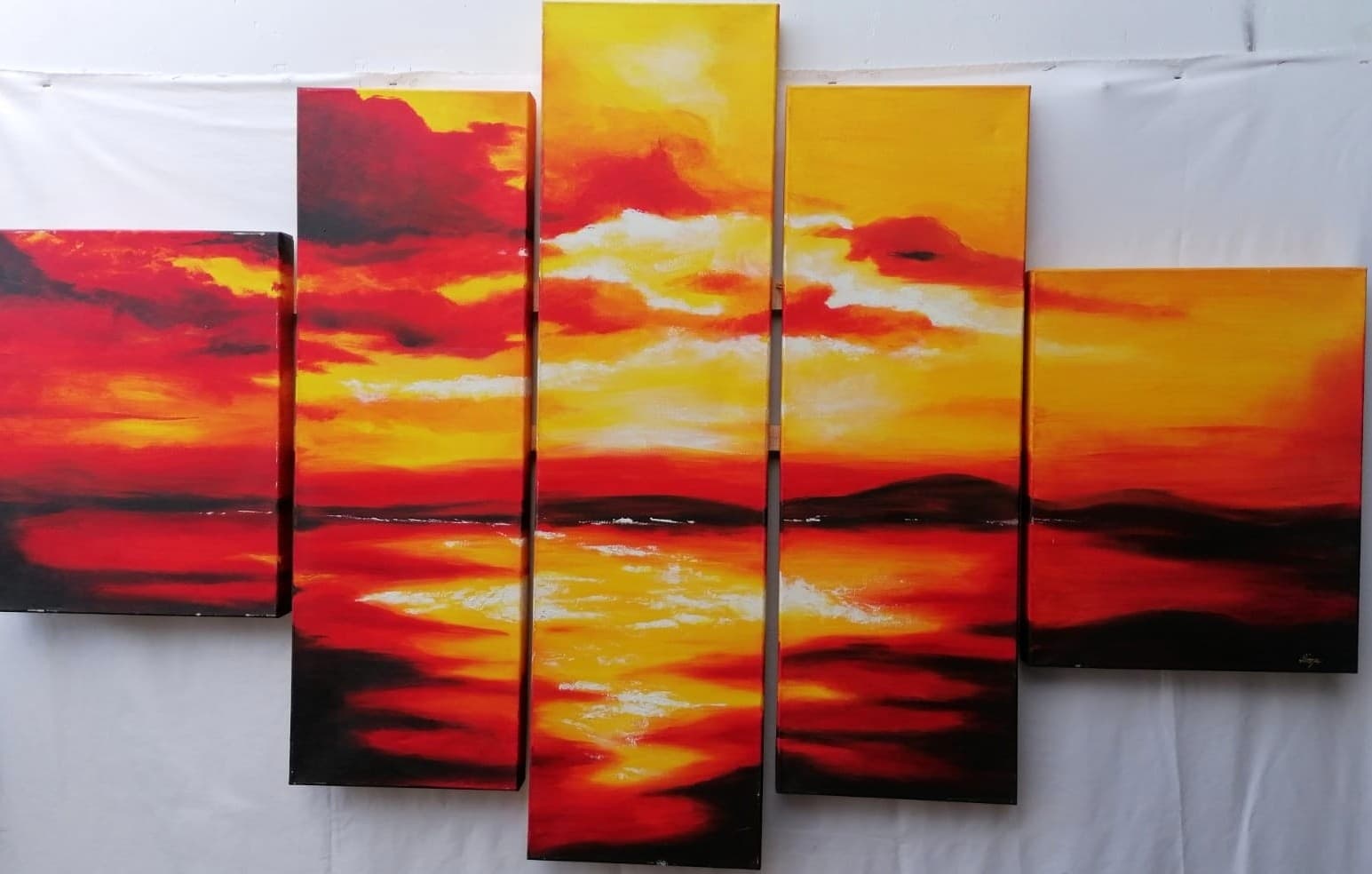 Quadro tramonto composto da 5 pannelli cm 177x110  moderno arancio dipinto tela - 2