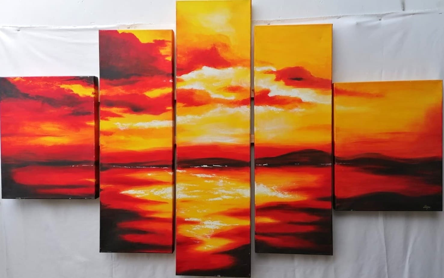 Quadro tramonto composto da 5 pannelli cm 177x110  moderno arancio dipinto tela - 11