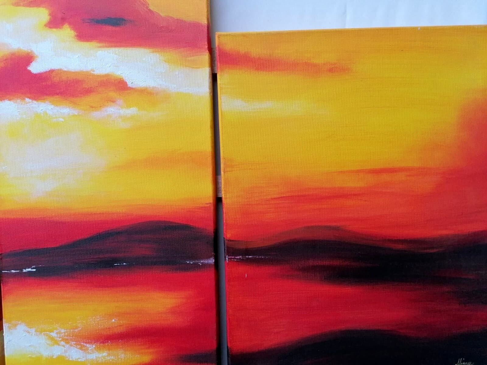 Quadro tramonto composto da 5 pannelli cm 177x110  moderno arancio dipinto tela - 3