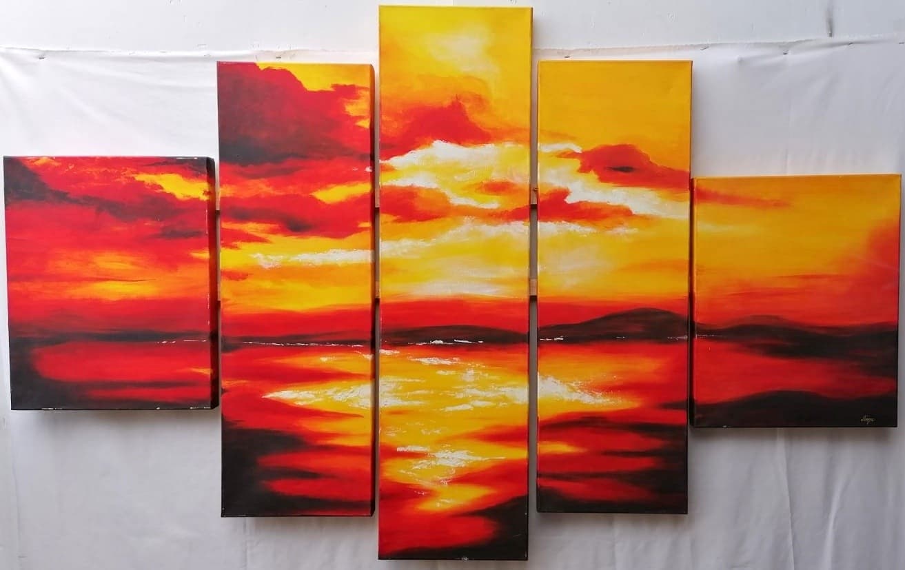 Quadro tramonto composto da 5 pannelli cm 177x110  moderno arancio dipinto tela - 4