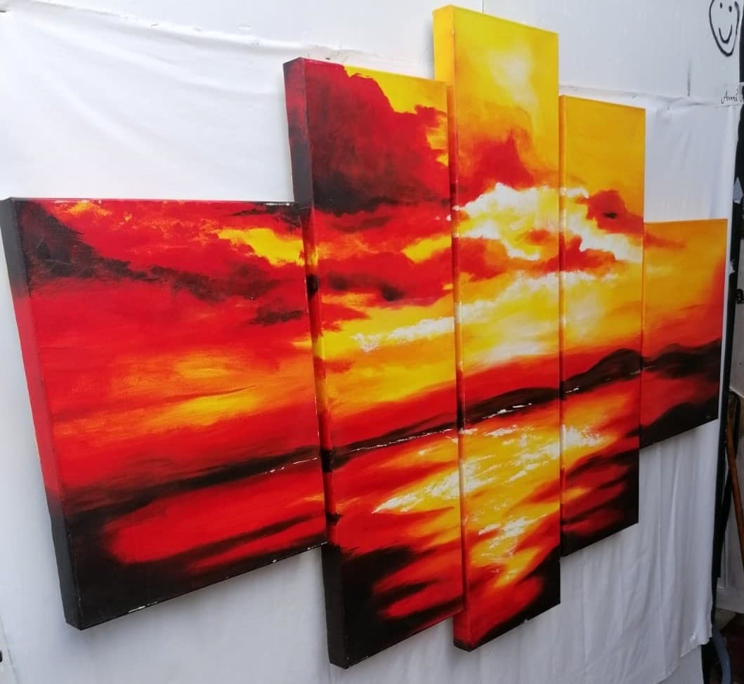 Quadro tramonto composto da 5 pannelli cm 177x110  moderno arancio dipinto tela - 5