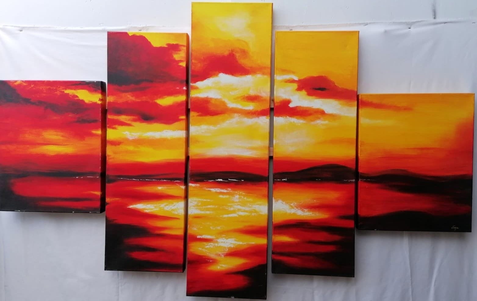 Quadro tramonto composto da 5 pannelli cm 177x110  moderno arancio dipinto tela - 6