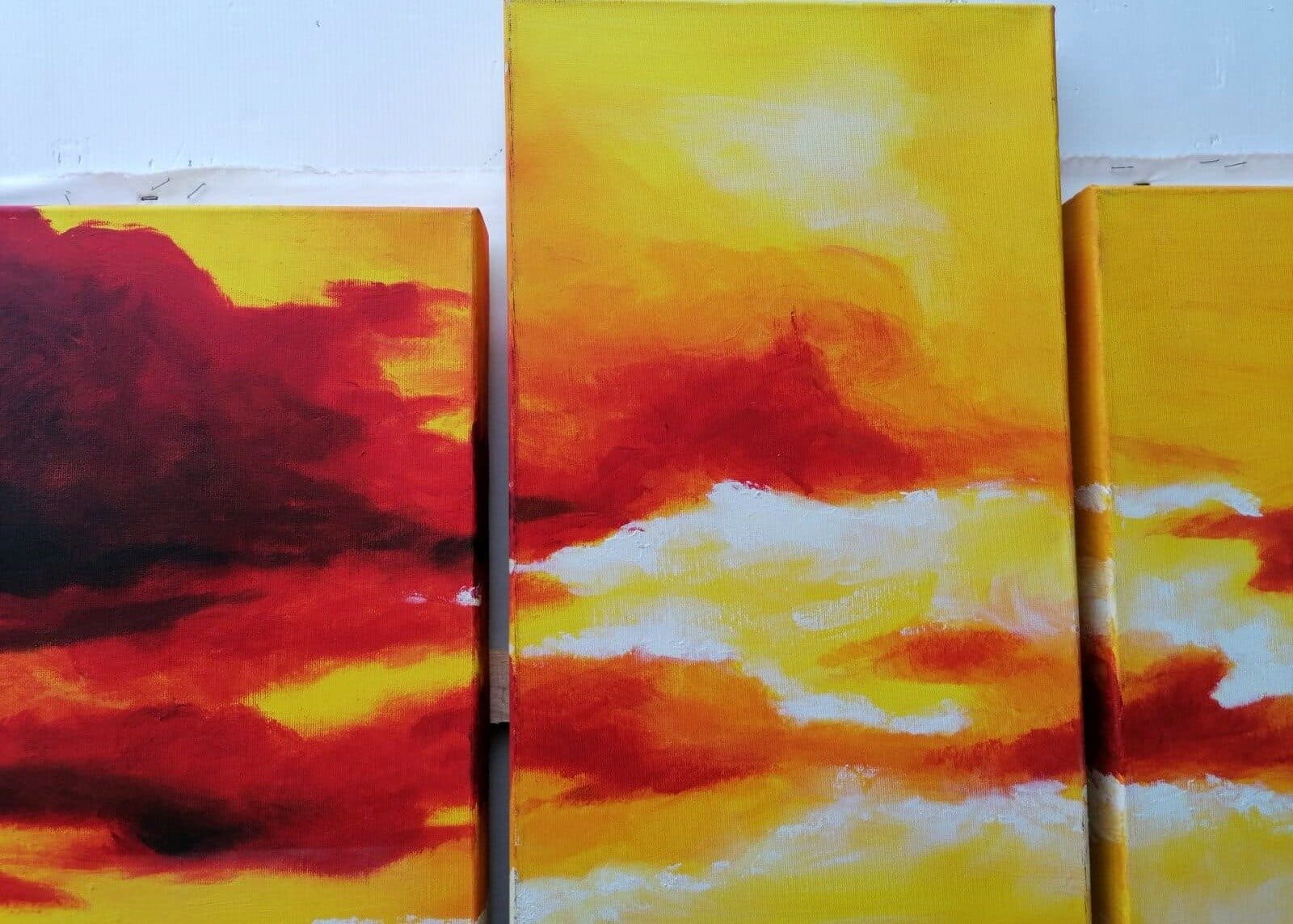Quadro tramonto composto da 5 pannelli cm 177x110  moderno arancio dipinto tela - 7