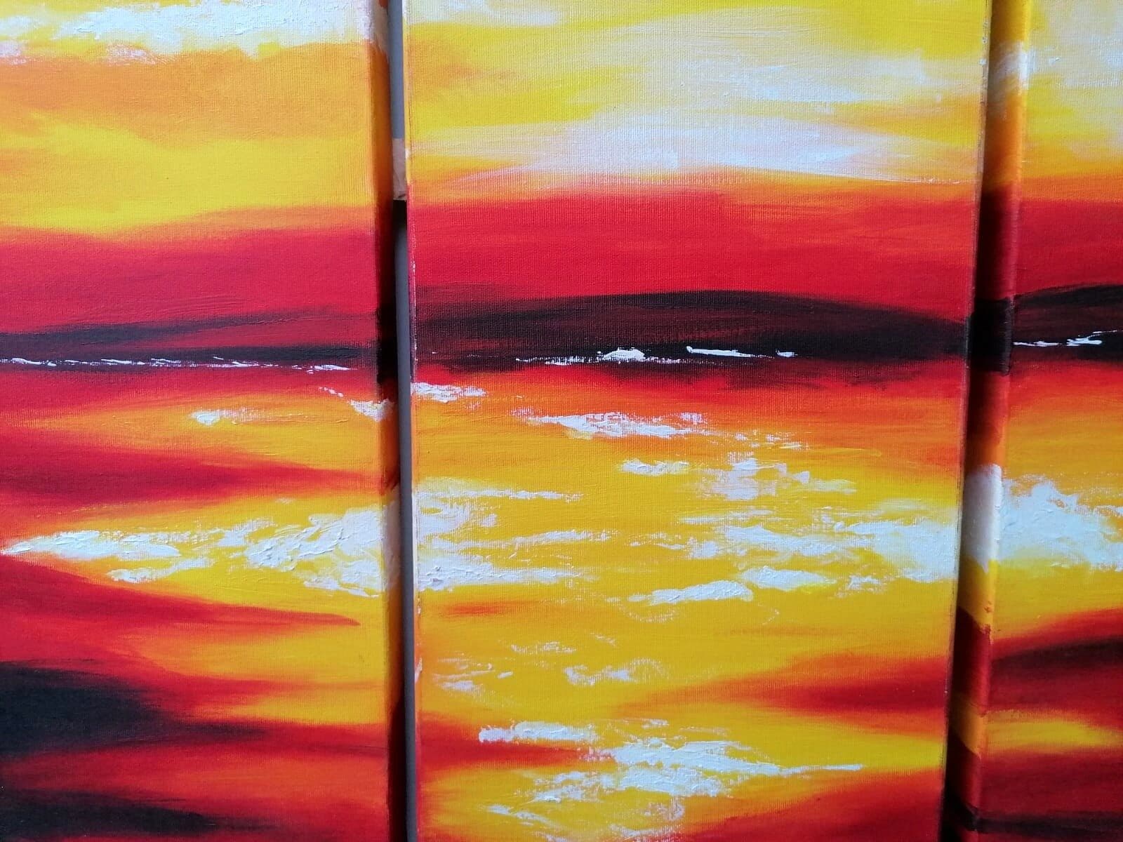 Quadro tramonto composto da 5 pannelli cm 177x110  moderno arancio dipinto tela - 8