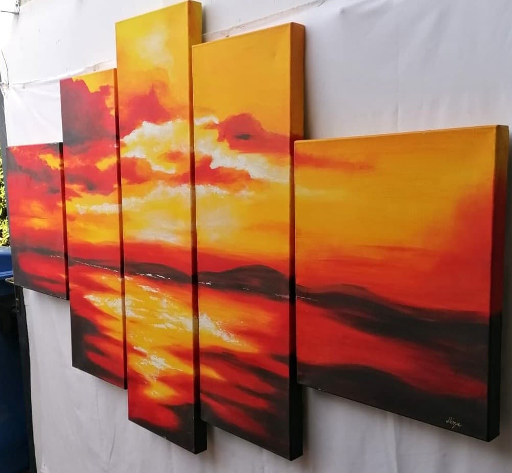 Quadro tramonto composto da 5 pannelli cm 177x110  moderno arancio dipinto tela - 9