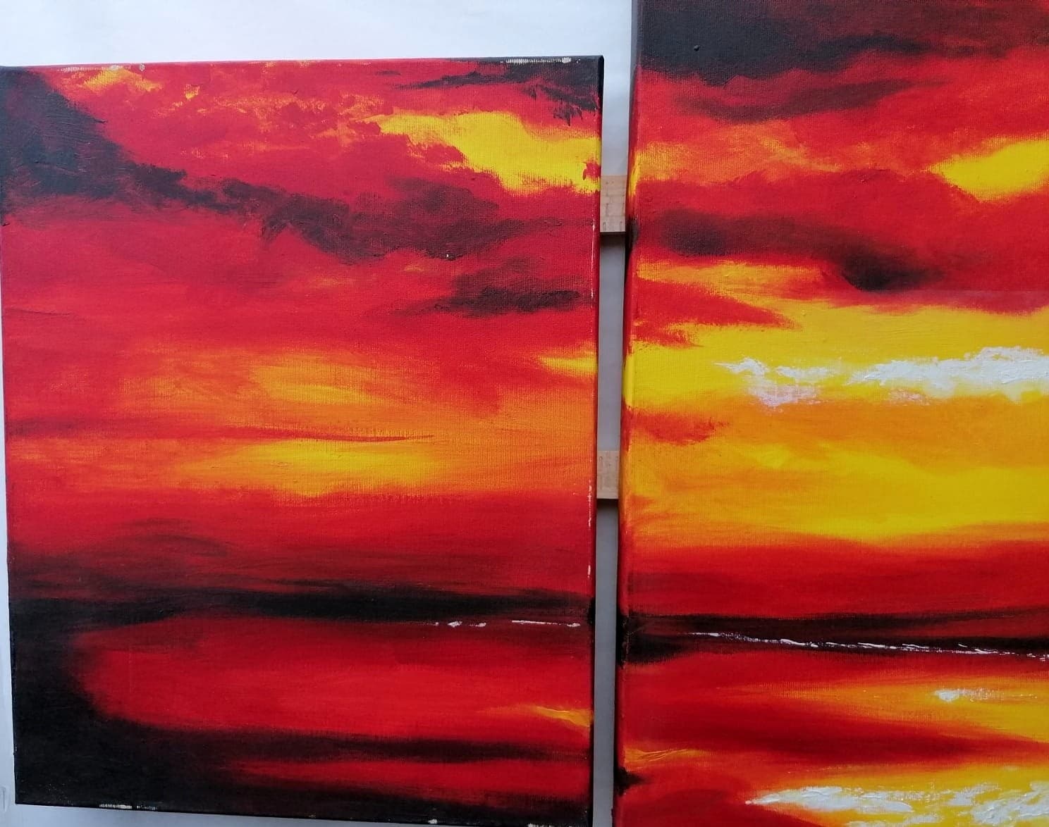 Quadro tramonto composto da 5 pannelli cm 177x110  moderno arancio dipinto tela - 10