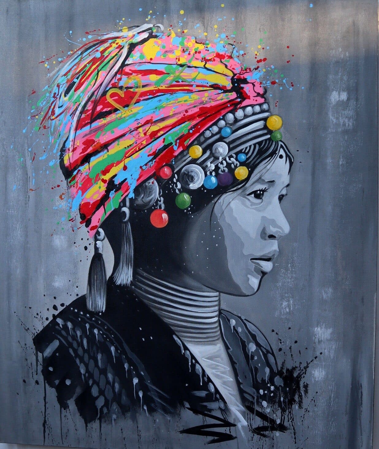 quadro volto di ragazza con turbante in tela color acrilico  cm 120x100 dipinto - 2