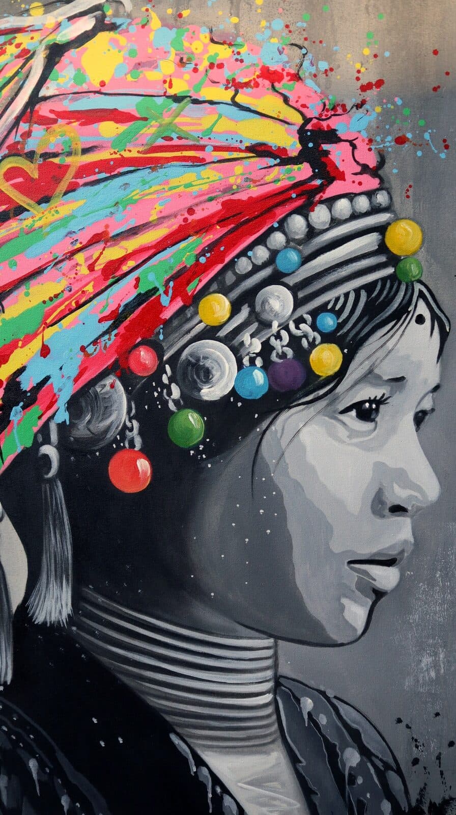 quadro volto di ragazza con turbante in tela color acrilico  cm 120x100 dipinto - 4