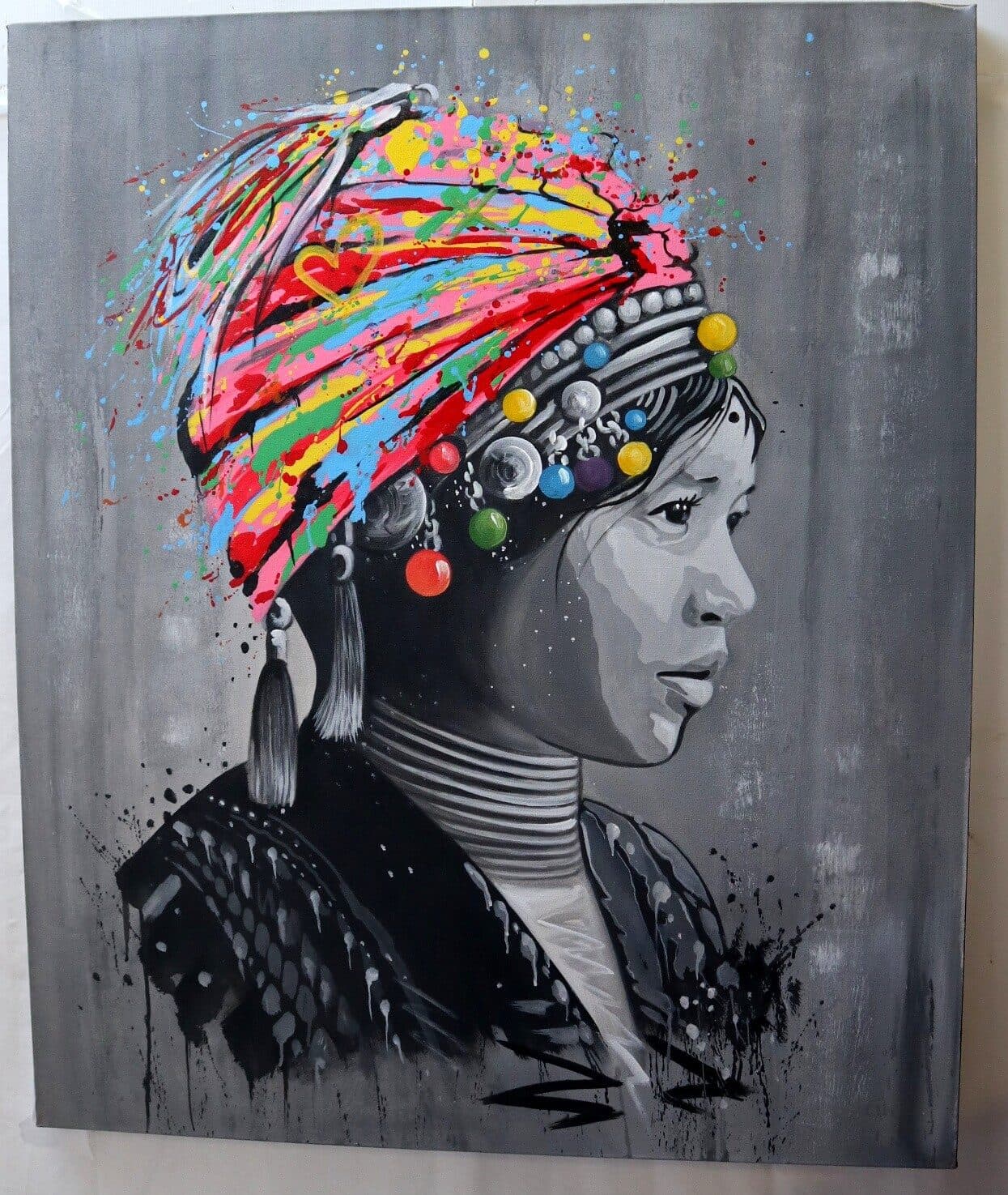 quadro volto di ragazza con turbante in tela color acrilico  cm 120x100 dipinto - 6
