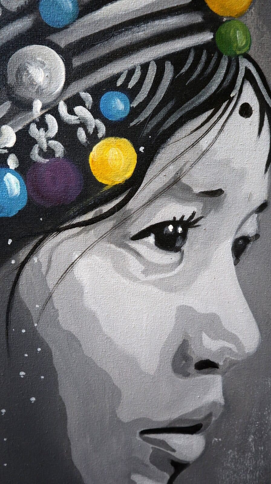 quadro volto di ragazza con turbante in tela color acrilico  cm 120x100 dipinto - 9
