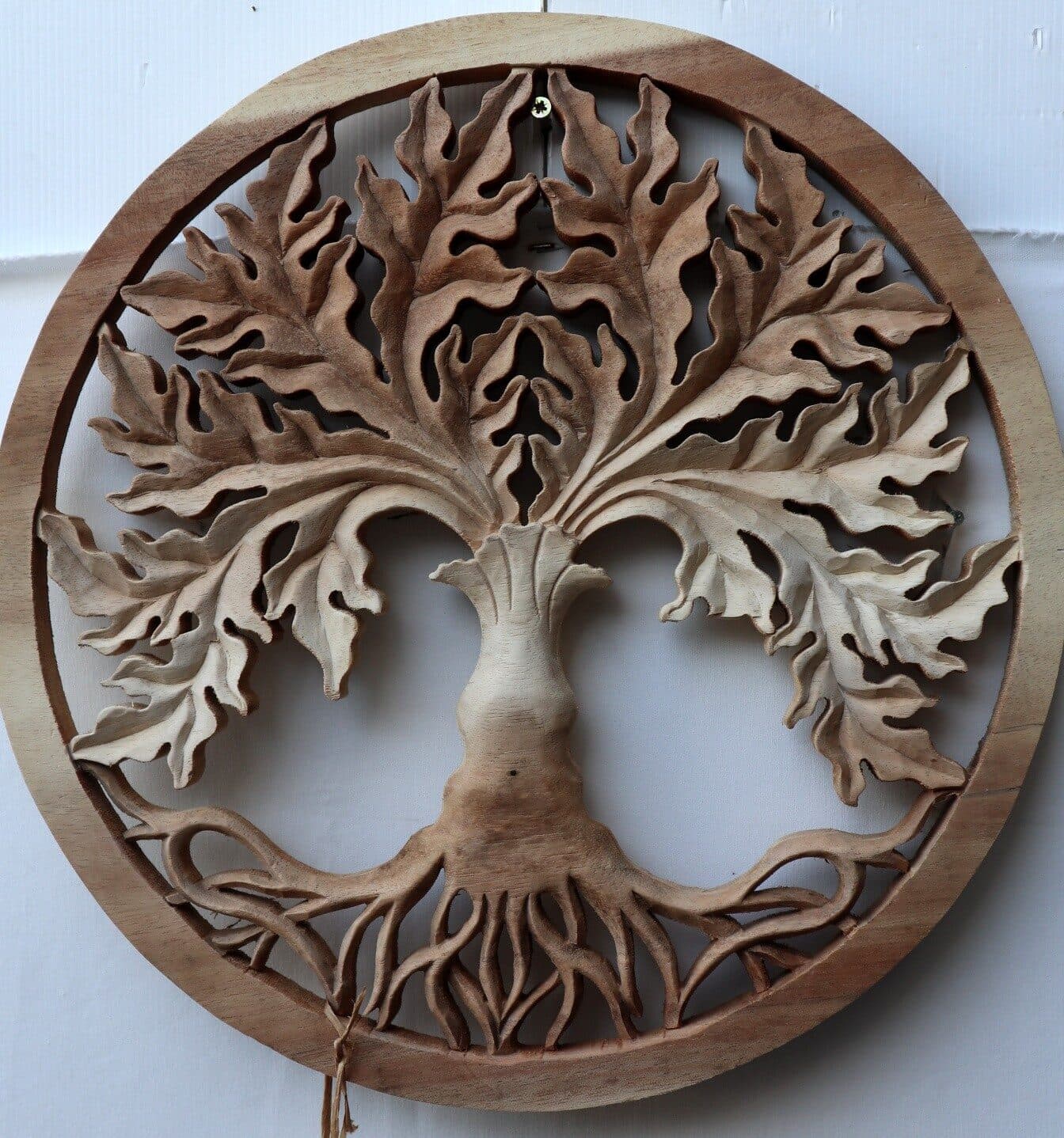 Pannello quadro albero della vita legno suar massello  traforato a mano diametro cm 40 naturale palma - 2