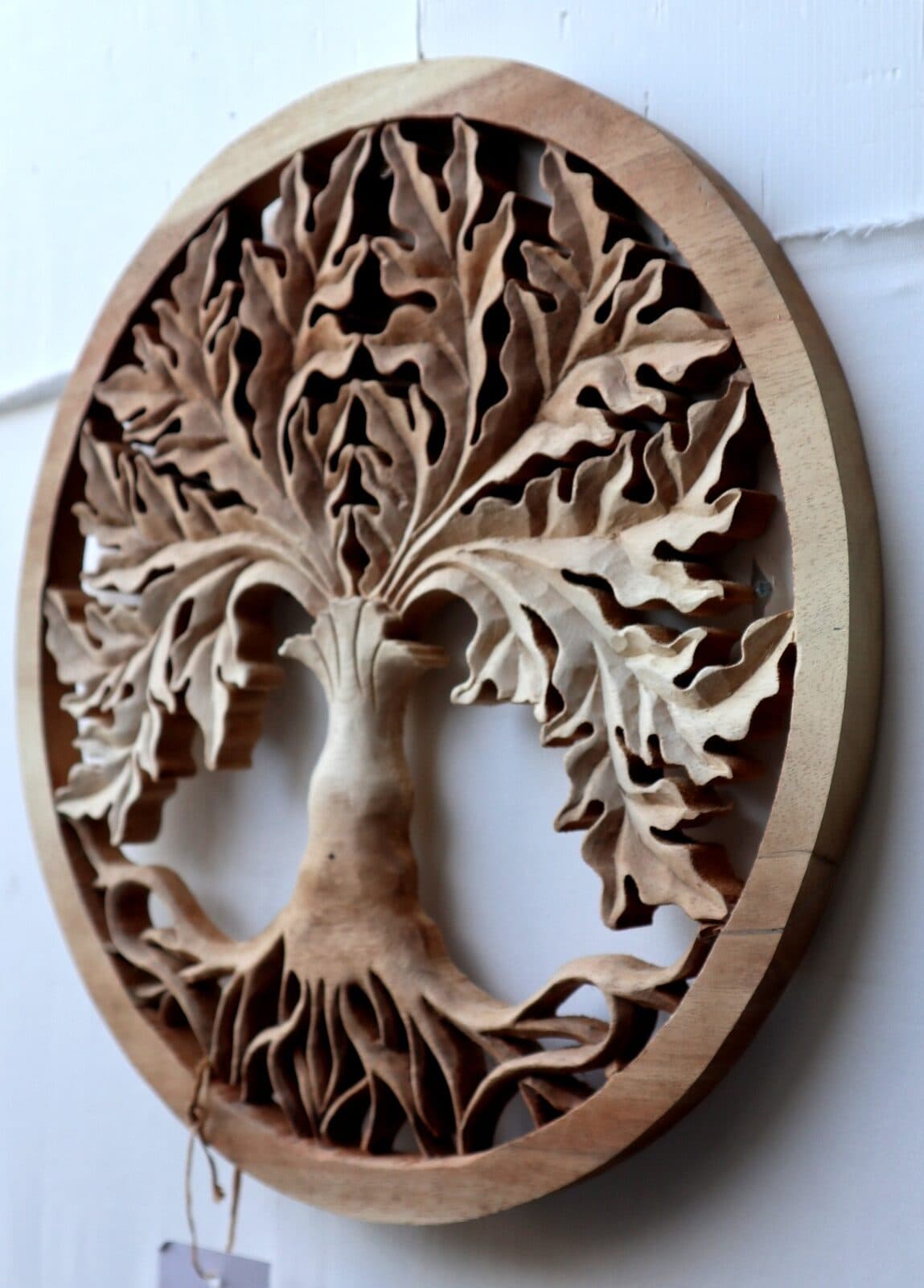 Pannello quadro albero della vita legno suar massello  traforato a mano diametro cm 40 naturale palma - 6