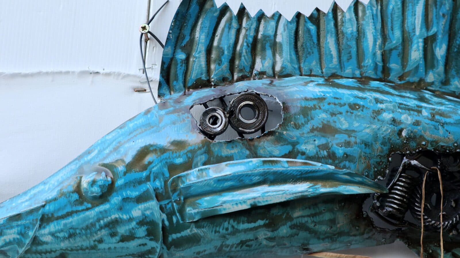 Pannello marino in metallo pesce Marlin creato e colorato mano con ingranaggi - 4