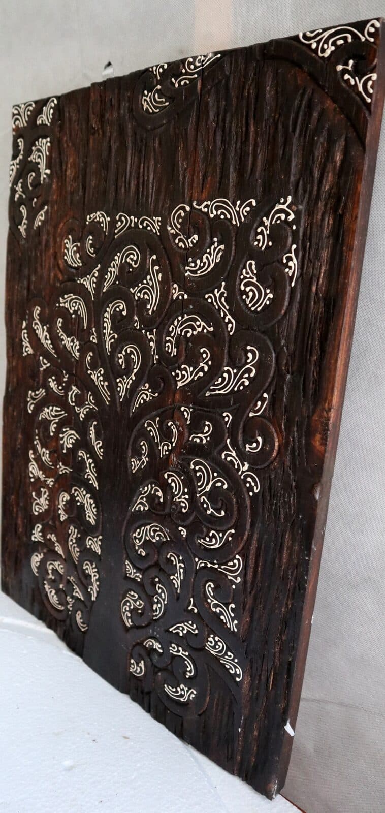 Pannello Quadro in legno albero della vita  arredo  cm 60x42x2 intagliato e dipinto - 5