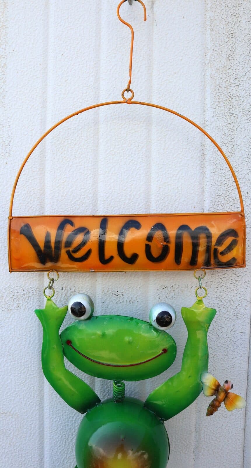 Pannello  welcome con una rana in metallo creata e colorata mano cm 60x25 dipinte realizzate artigianalmente - 2
