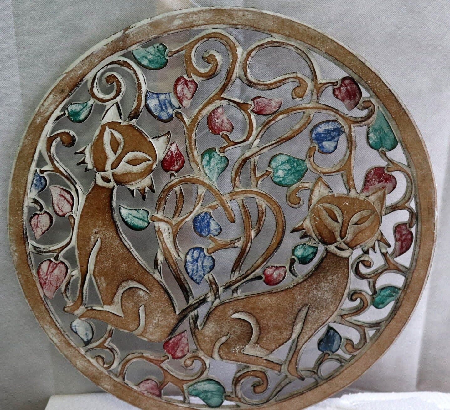 Pannello albero della vita in legno mdf cm 50 con due Gatti tondo multicolor - 2
