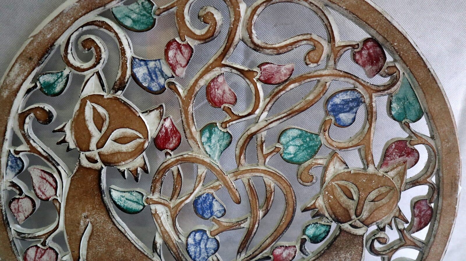 Pannello albero della vita in legno mdf cm 50 con due Gatti tondo multicolor - 3
