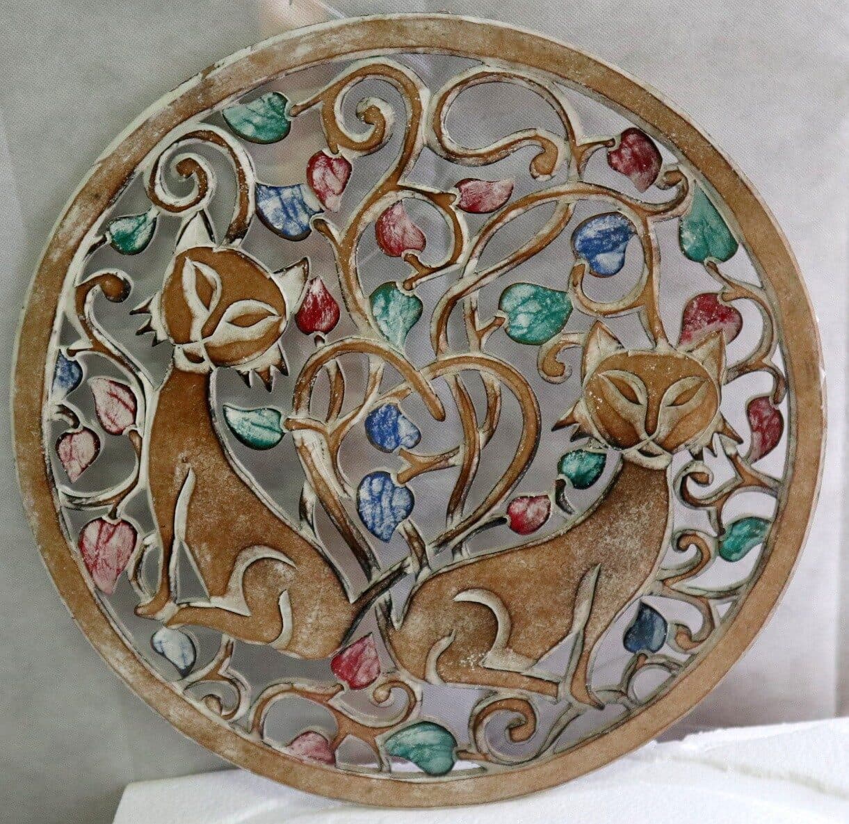 Pannello albero della vita in legno mdf cm 50 con due Gatti tondo multicolor - 7