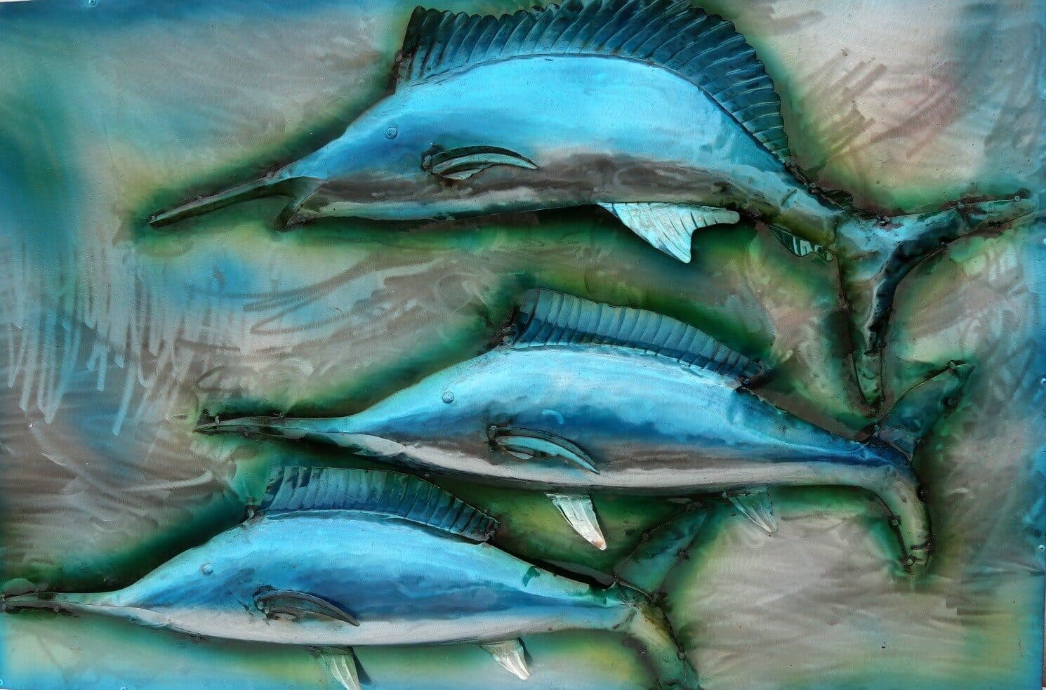 Quadro dipinto in metallo a rilievo con Marlin pesci   cm 120x80  azzurro