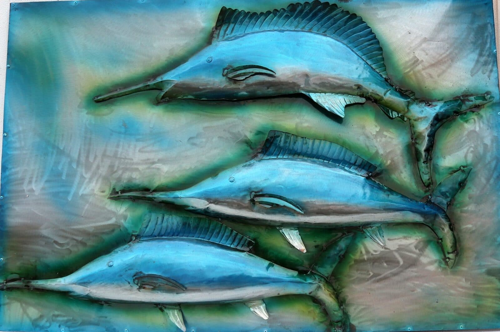 Quadro dipinto in metallo a rilievo con Marlin pesci   cm 120x80  azzurro - 2