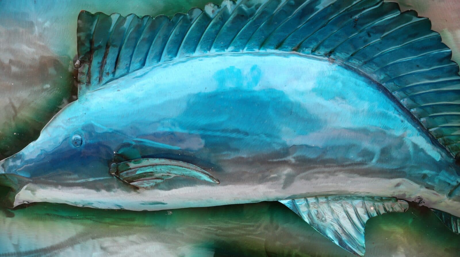 Quadro dipinto in metallo a rilievo con Marlin pesci   cm 120x80  azzurro - 3